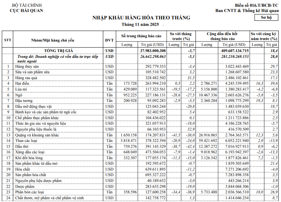 Chi tiết nhập khẩu hàng hóa tháng 11 và 11 tháng năm 2025