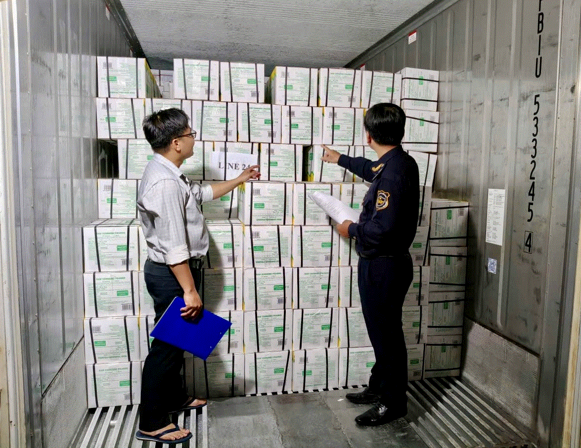 Công chức Chi cục Hải quan khu vực XIX kiểm tra hàng hóa nhập khẩu. Ảnh: Anh Thư