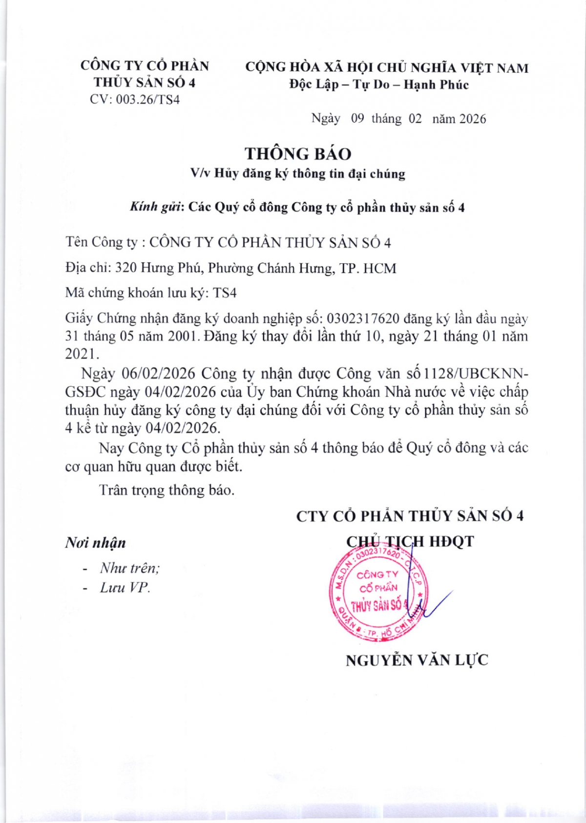 Công ty Cổ phần thủy sản số 4 (TS4) thông báo hủy công ty đại chúng