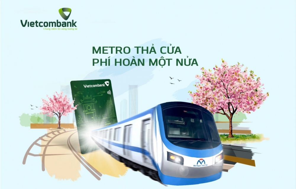 Vietcombank hoàn tiền 50% cho chủ thẻ Vietcombank Visa khi mua vé metro lên tới 450.000 đồng với mỗi khách hàng. Vietcombank hoàn tiền 50% cho chủ thẻ Vietcombank Visa khi mua vé metro lên tới 450.000 đồng với mỗi khách hàng.
