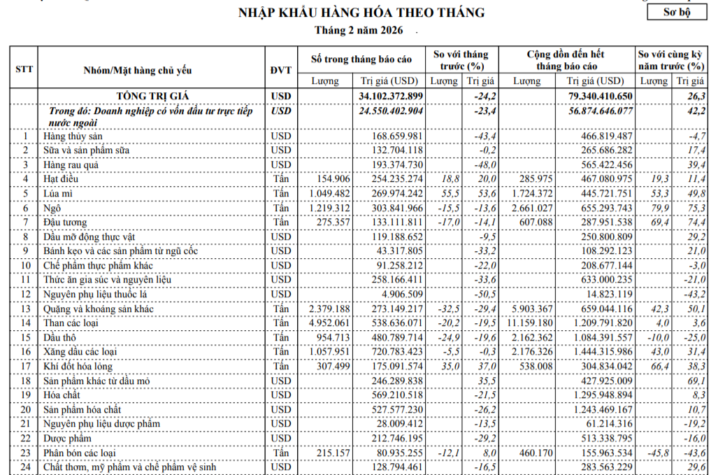 Dữ liệu thống kê nhập khẩu hàng hóa tháng 2/2026