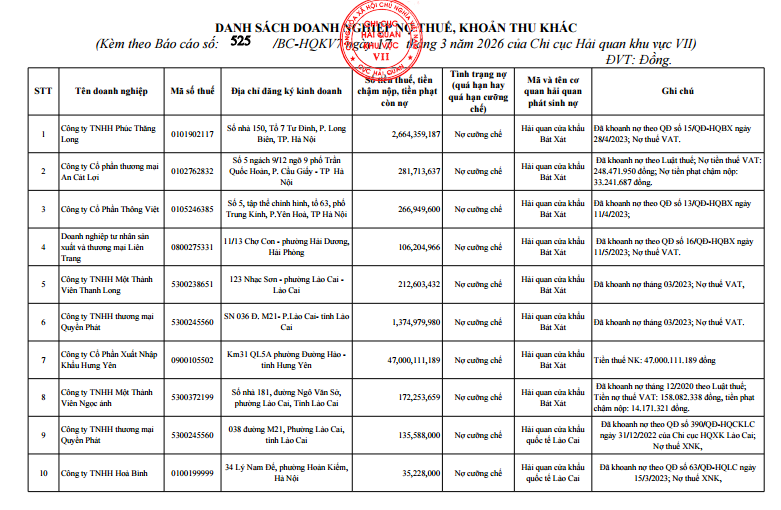 Chi cục Hải quan khu vực VII: Công khai 38 doanh nghiệp nợ thuế, nhiều khoản vượt 50 tỷ đồng