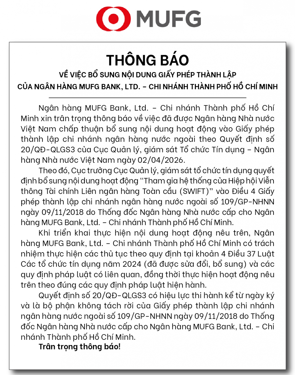 Ngân hàng MUFG Bank, Ltd. – Chi nhánh Thành phố Hồ Chí Minh thông báo về việc bổ sung nội dung hoạt động giấy phép thành lập