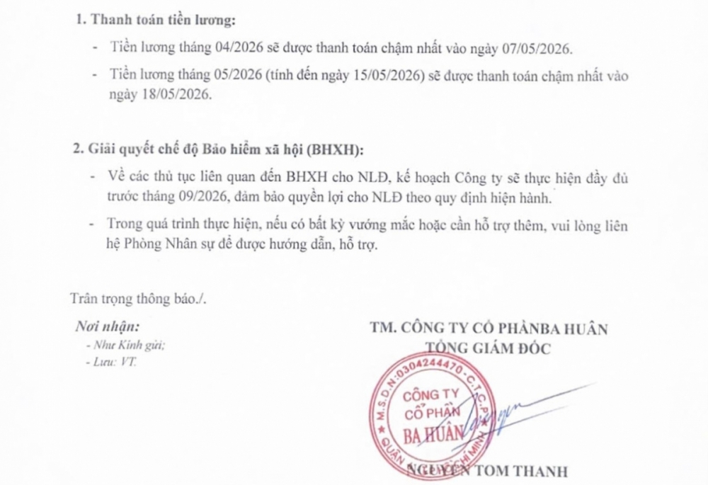 Người lao động của Công ty cổ phần Ba Huân bị “treo” quyền lợi