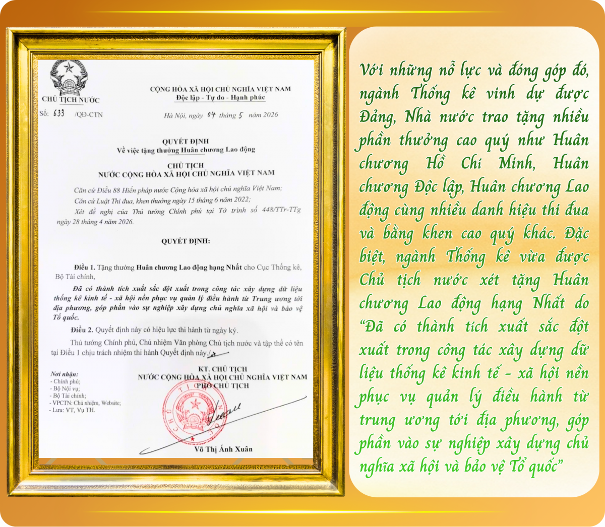 Đón nhận Huân chương Lao động hạng Nhất – ngành Thống kê khắc thêm dấu son rực rỡ cho hành trình 80 năm