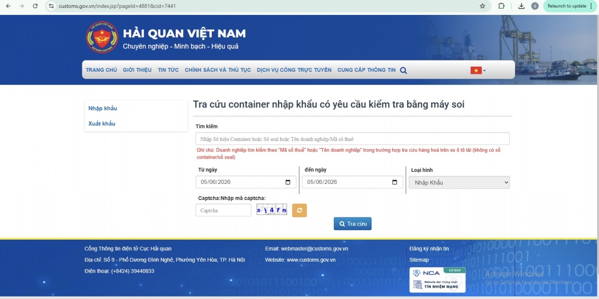 Hướng dẫn tra cứu danh sách container soi chiếu trên Cổng thông tin điện tử Cục Hải quan