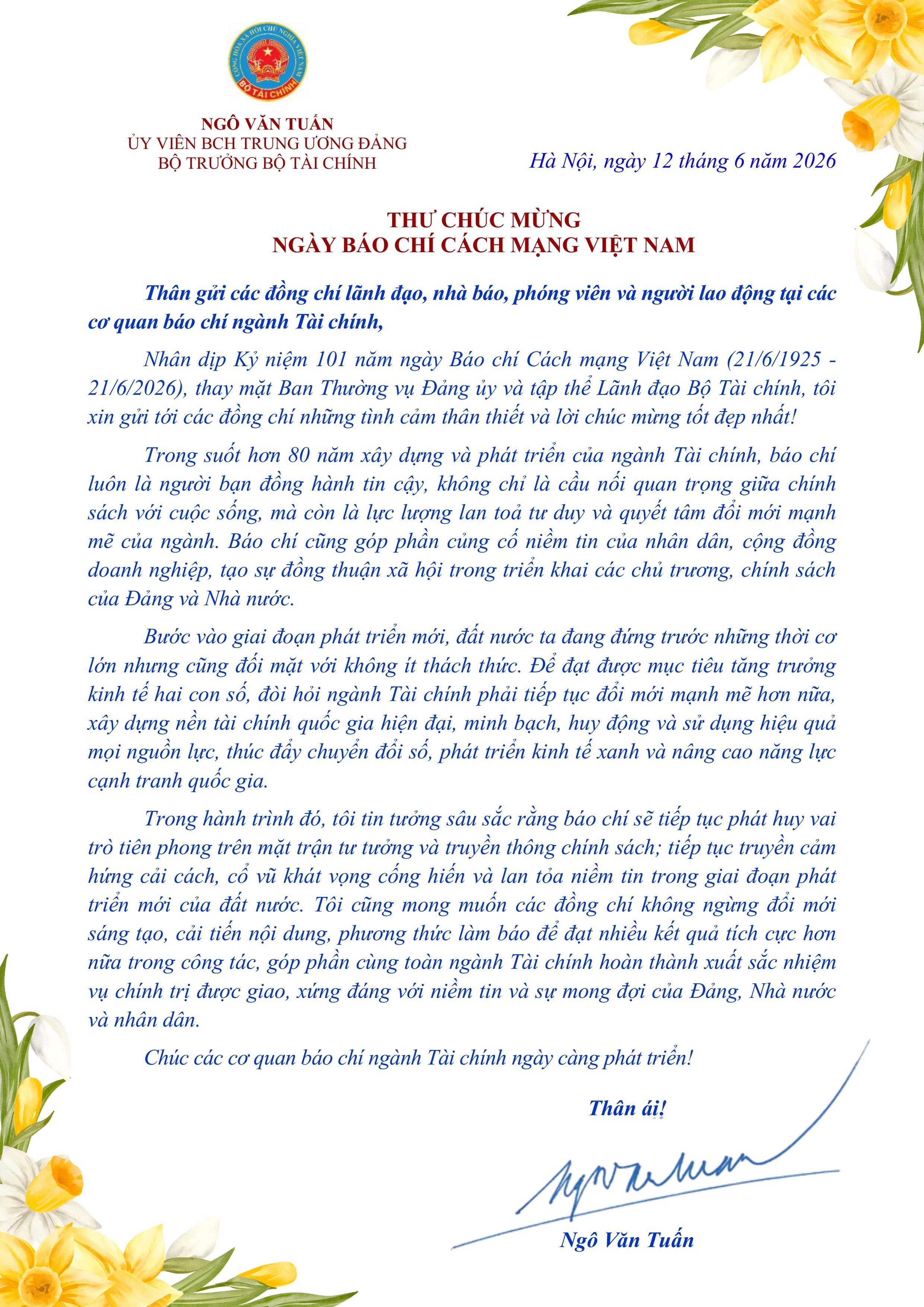 Bộ trưởng Bộ Tài chính gửi thư chúc mừng Ngày Báo chí Cách mạng Việt Nam Bộ trưởng Bộ Tài chính gửi thư chúc mừng Ngày Báo chí Cách mạng Việt Nam