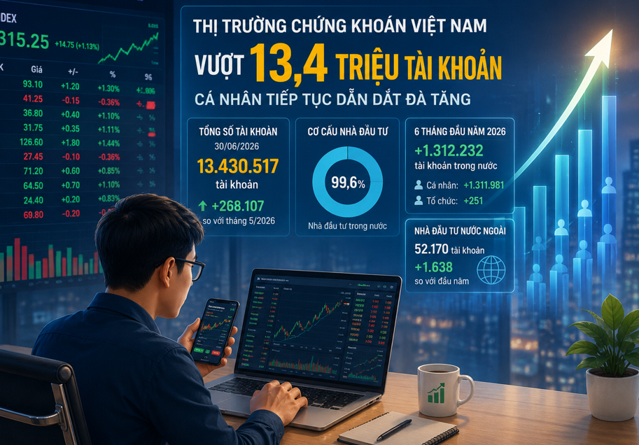 Tài khoản chứng khoán vượt mốc 13,4 triệu sau nửa đầu năm Tài khoản chứng khoán vượt mốc 13,4 triệu sau nửa đầu năm