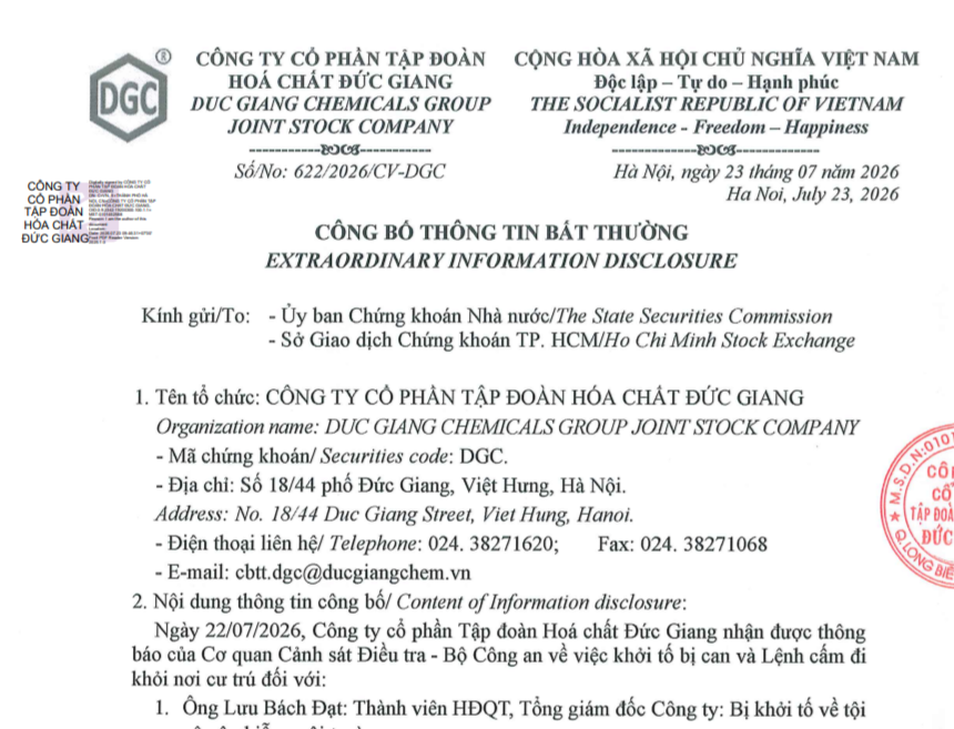 Khởi tố thêm 3 lãnh đạo Công ty cổ phần Tập đoàn Hóa chất Đức Giang