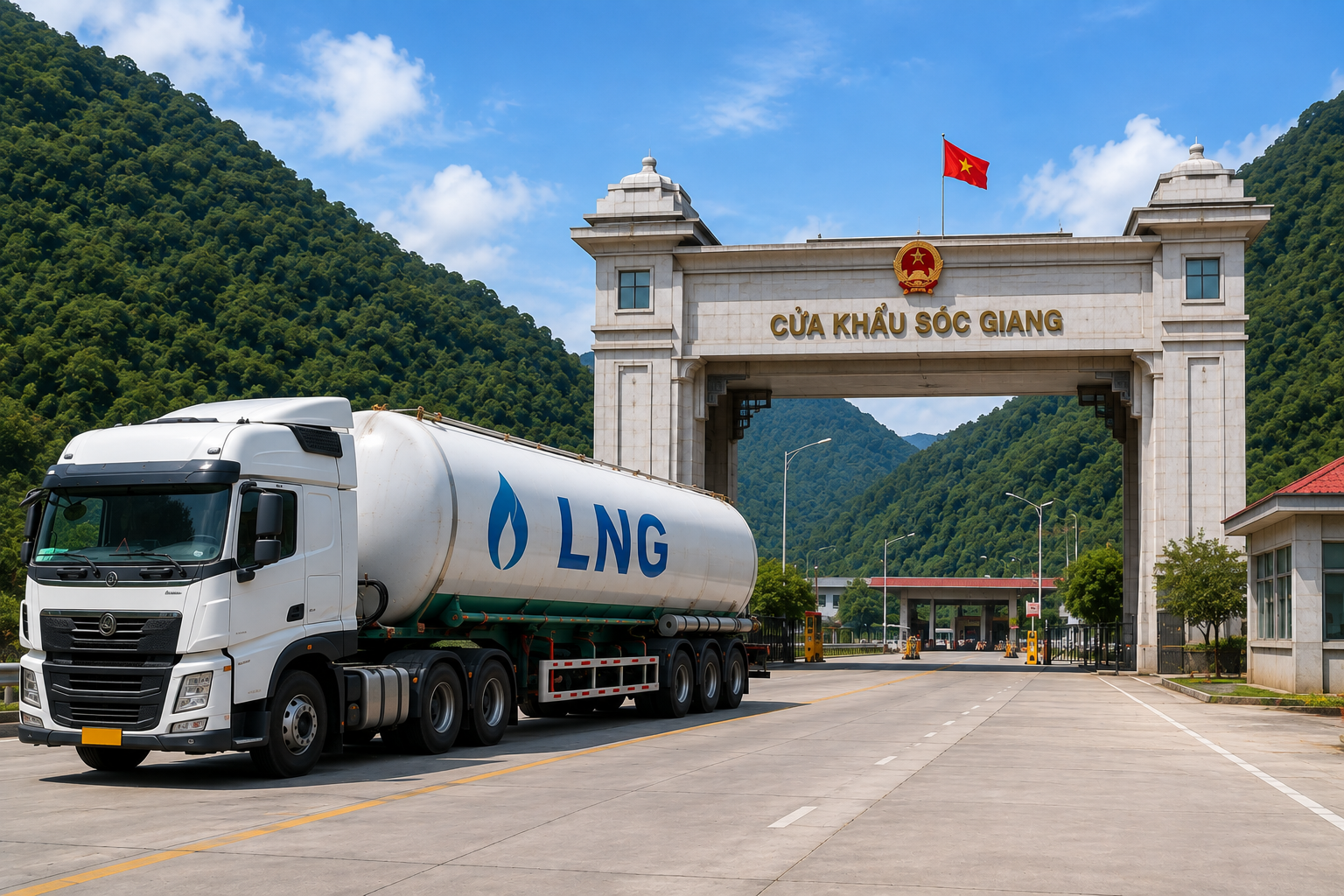 Tổng công ty Gas Petrolimex-CTCP nêu đang có kế hoạch nhập khẩu khí thiên nhiên hóa lỏng (LNG) từ Trung Quốc qua cửa khẩu Sóc Giang (Cao Bằng). Ảnh có sự hỗ trợ của AI