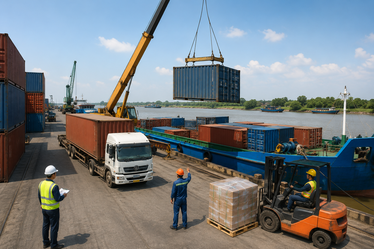 hàng hóa quá cảnh thay đổi phương thức vận chuyển, phương tiện vận tải tại cảng Đồng Nai. Ảnh minh họa có sự hỗ trợ của AI.