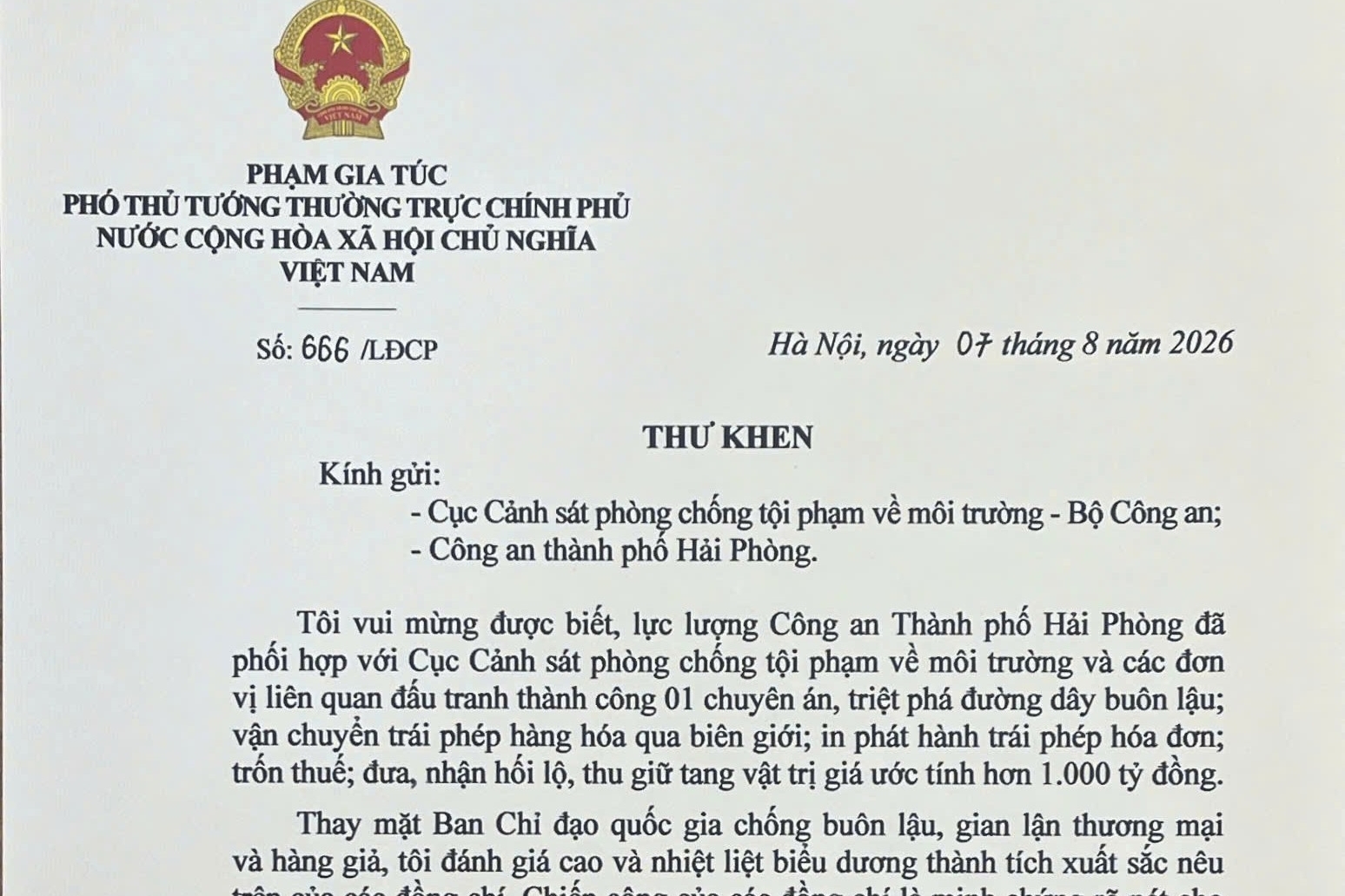 Phó Thủ tướng gửi Thư khen lực lượng Công an tham gia triệt phá đường dây buôn lậu