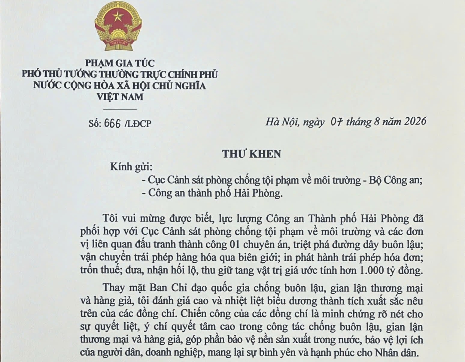 Phó Thủ tướng gửi Thư khen lực lượng Công an tham gia triệt phá đường dây buôn lậu