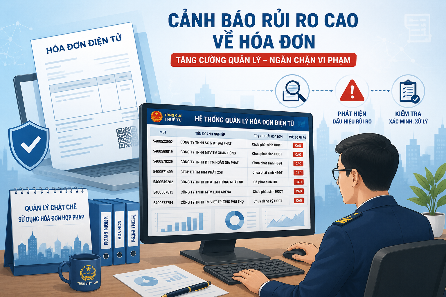 Cơ quan Thuế tăng cường rà soát, quản lý rủi ro về hóa đơn điện tử, kịp thời phát hiện, kiểm tra và xử lý các trường hợp có dấu hiệu vi phạm theo quy định. Ảnh: Minh họa, hỗ trợ bởi AI.