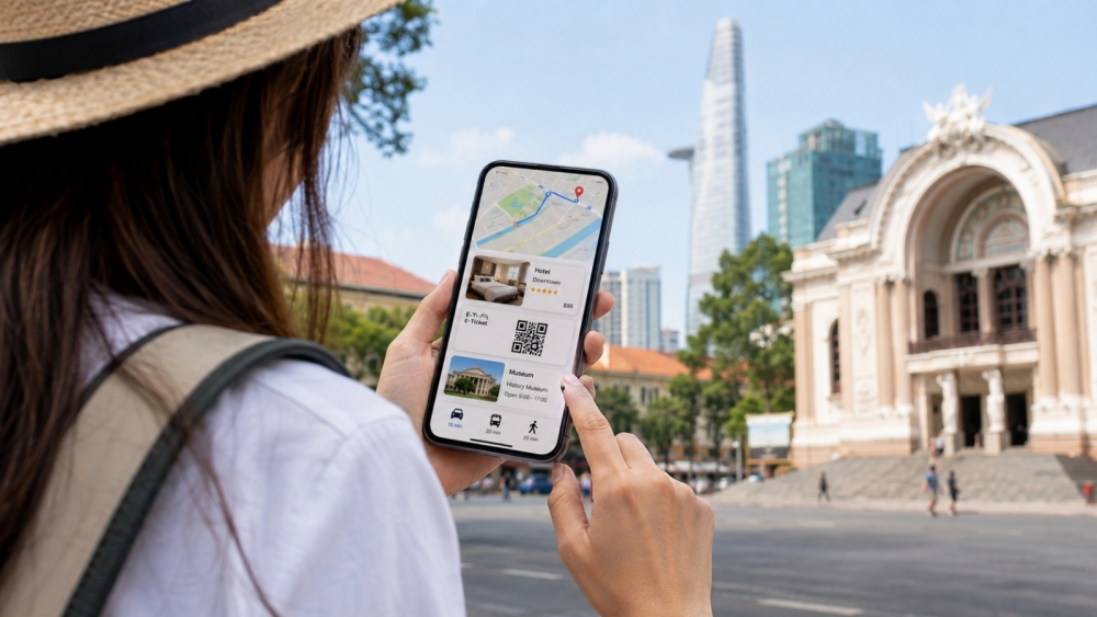 Du khách sử dụng ứng dụng số để tìm kiếm điểm tham quan, đặt phòng tại TP Hồ Chí Minh. Ảnh: Hoàng Tuyết Nhiều địa phương bội thu du lịch dịp lễ 2/9 với doanh thu nghìn tỷ