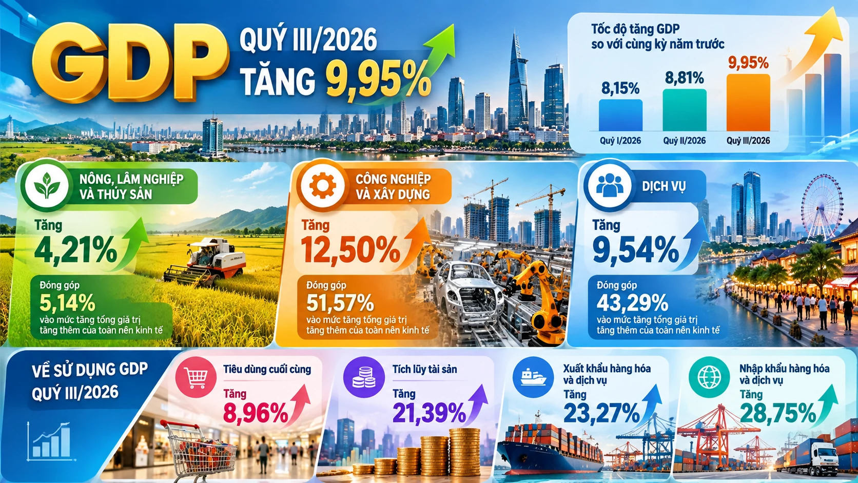 Tổng sản phẩm trong nước (GDP) quý III/2026 tăng 9,95% Tổng sản phẩm trong nước (GDP) quý III/2026 tăng 9,95%
