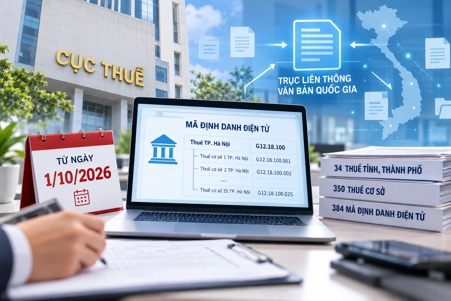Cục Thuế áp dụng mã định danh điện tử mới cho 34 Thuế tỉnh, thành phố và 350 Thuế cơ sở từ ngày 1/10/2026. Ảnh: Minh họa, hỗ trợ bởi AI.