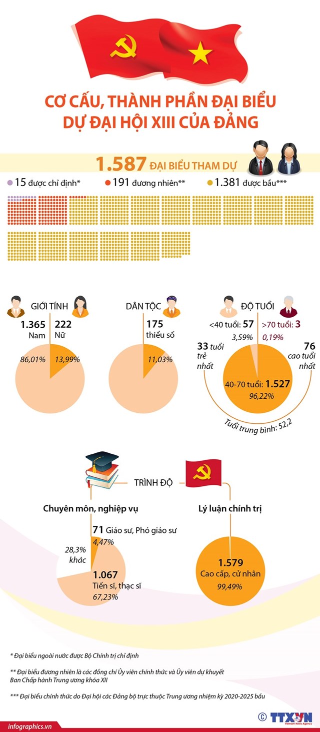[Infographics] Cơ cấu, thành phần đại biểu dự Đại hội XIII của Đảng - Ảnh 1