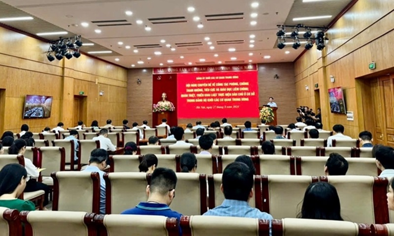 Quang cảnh Hội nghị tại điểm cầu trụ sở cơ quan Đảng ủy Khối các cơ quan Trung ương.