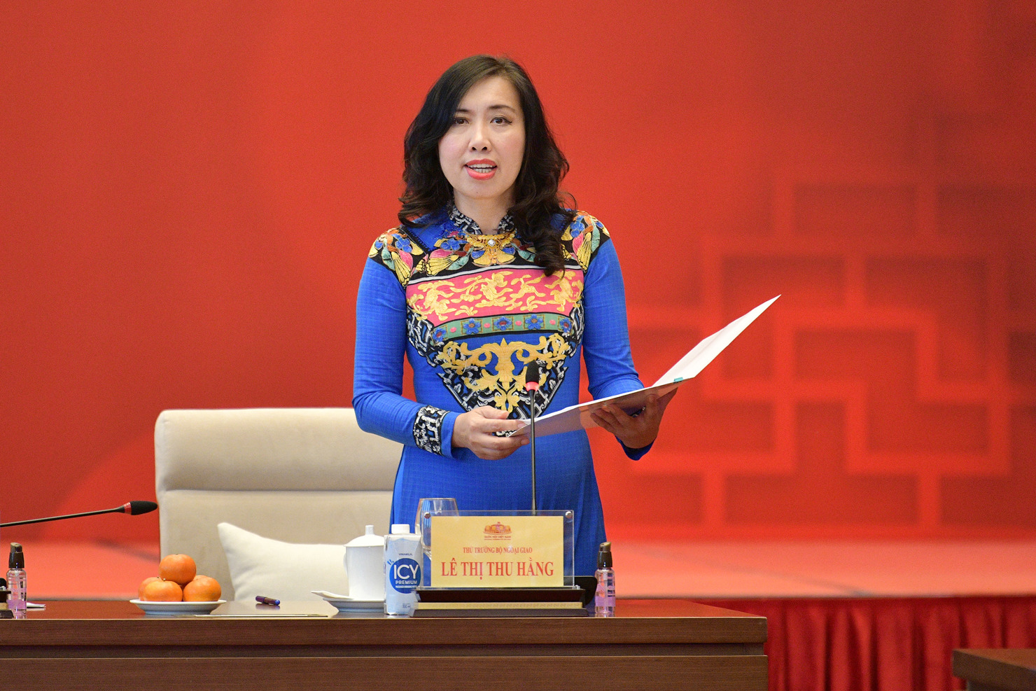 Thứ trưởng Bộ ngoại giao Lê Thị Thu Hằng - Chủ nhiệm Ủy ban Nhà nước về người Việt Nam ở nước ngoài phát biểu tại cuộc gặp mặt. 