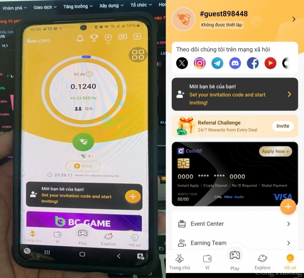 Giao diện của app đào tiền ảo Bee Network.