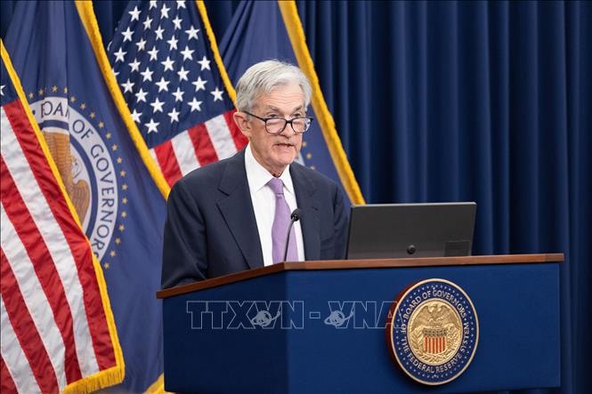 Chủ tịch Cục Dự trữ Liên bang Mỹ (Fed) Jerome Powell phát biểu tại cuộc họp báo ở Washington, D.C. Ảnh: THX/TTXVN  