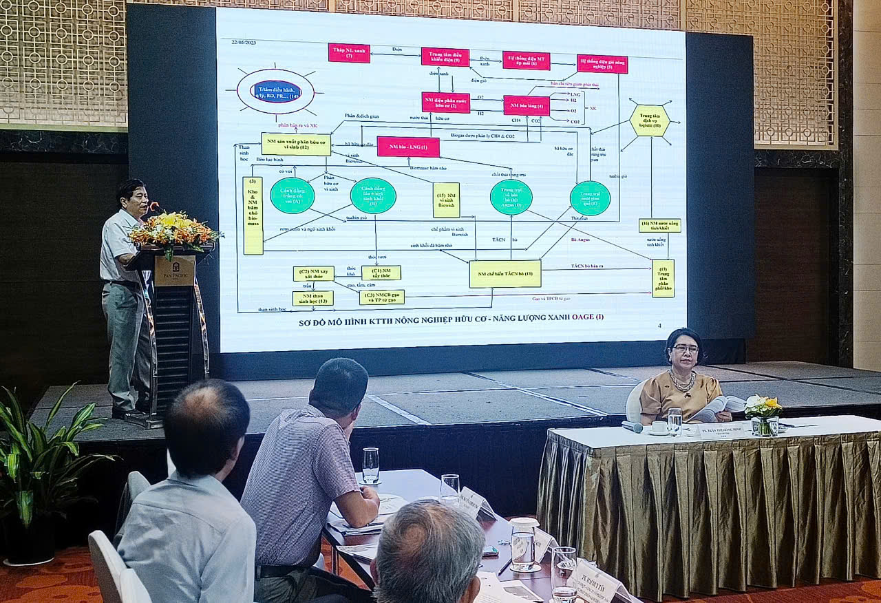 Đại diện doanh nghiệp trình bày mô hình kinh tế tuần hoàn nông nghiệp hữu cơ - năng lượng xanh trong một Hội thảo được tổ chức mới đây. 