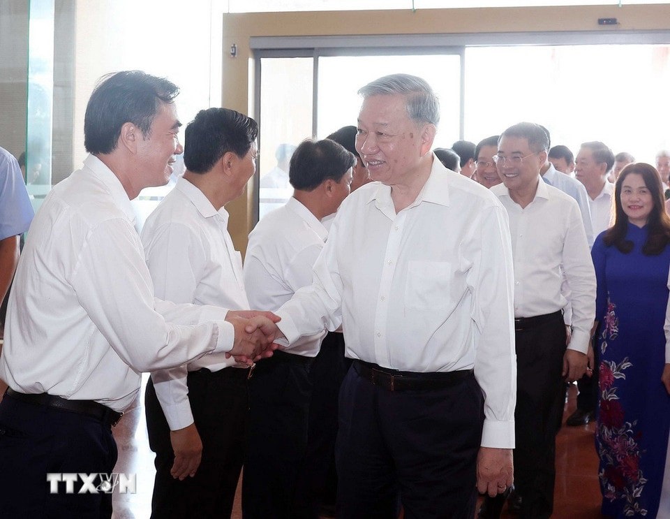 Tổng Bí thư Tô Lâm và các đại biểu tham dự cuộc làm việc. Ảnh: Thống Nhất - TTXVN.