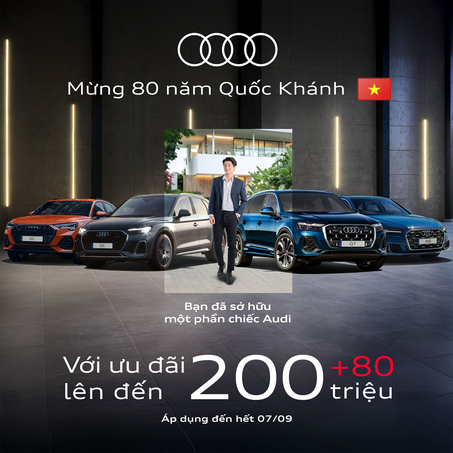 Nhân dịp Đại lễ kỷ niệm 80 năm Quốc khánh 2/9, Audi Việt Nam tặng thêm ưu đãi 80 triệu đồng cho khách hàng mua xe trong khoảng thời gian từ ngày 1/9/2025 - 7/9/2025 cho mọi mẫu xe Audi, bên cạnh chương trình “Hè bùng nổ cùng Audi” được triển khai từ đầu tháng 7. 
