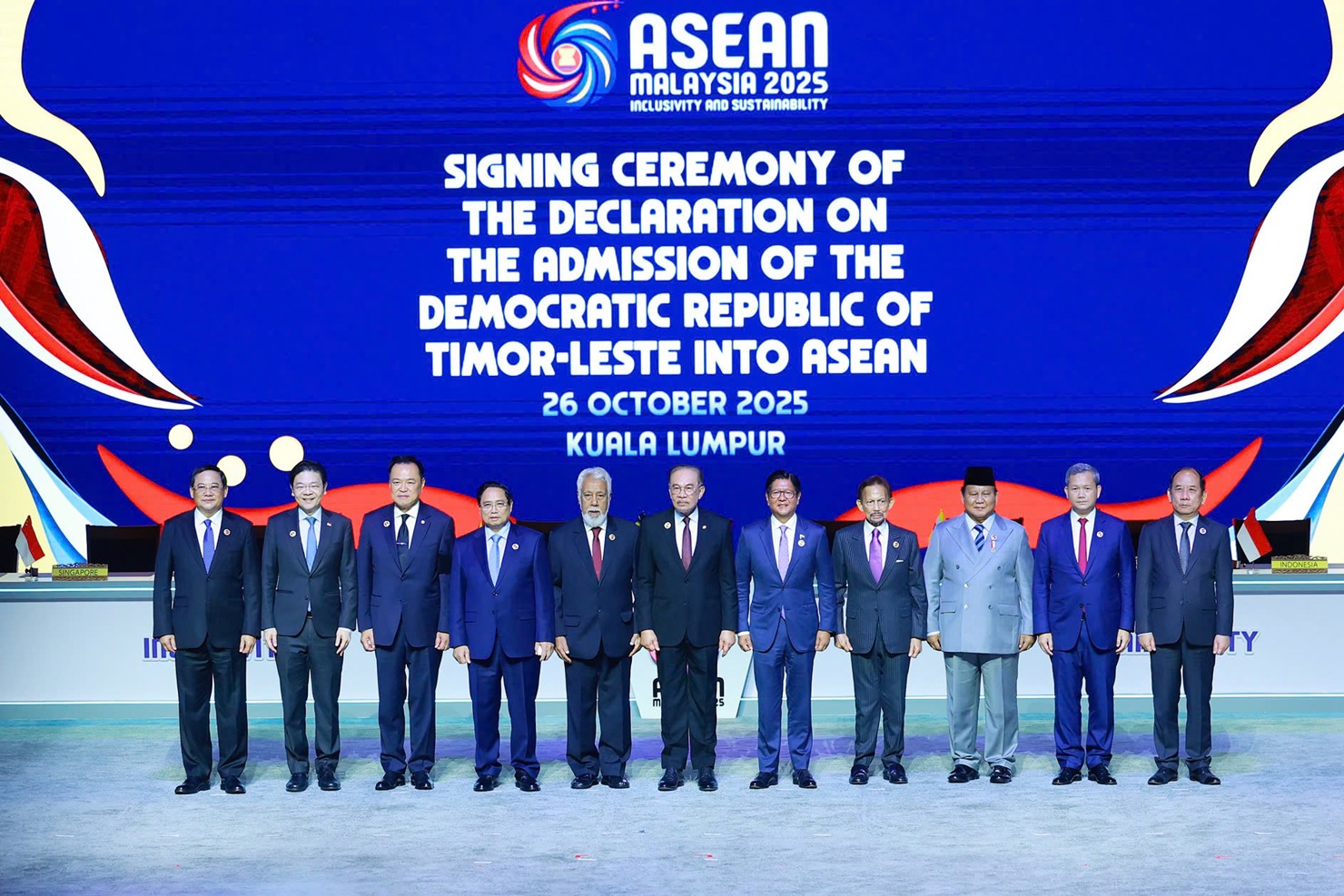 Lãnh đạo các nước ASEAN chứng kiến Lễ ký tuyên bố về việc kết nạp Timor Leste vào ASEAN - Ảnh: VGP/Nhật Bắc.  